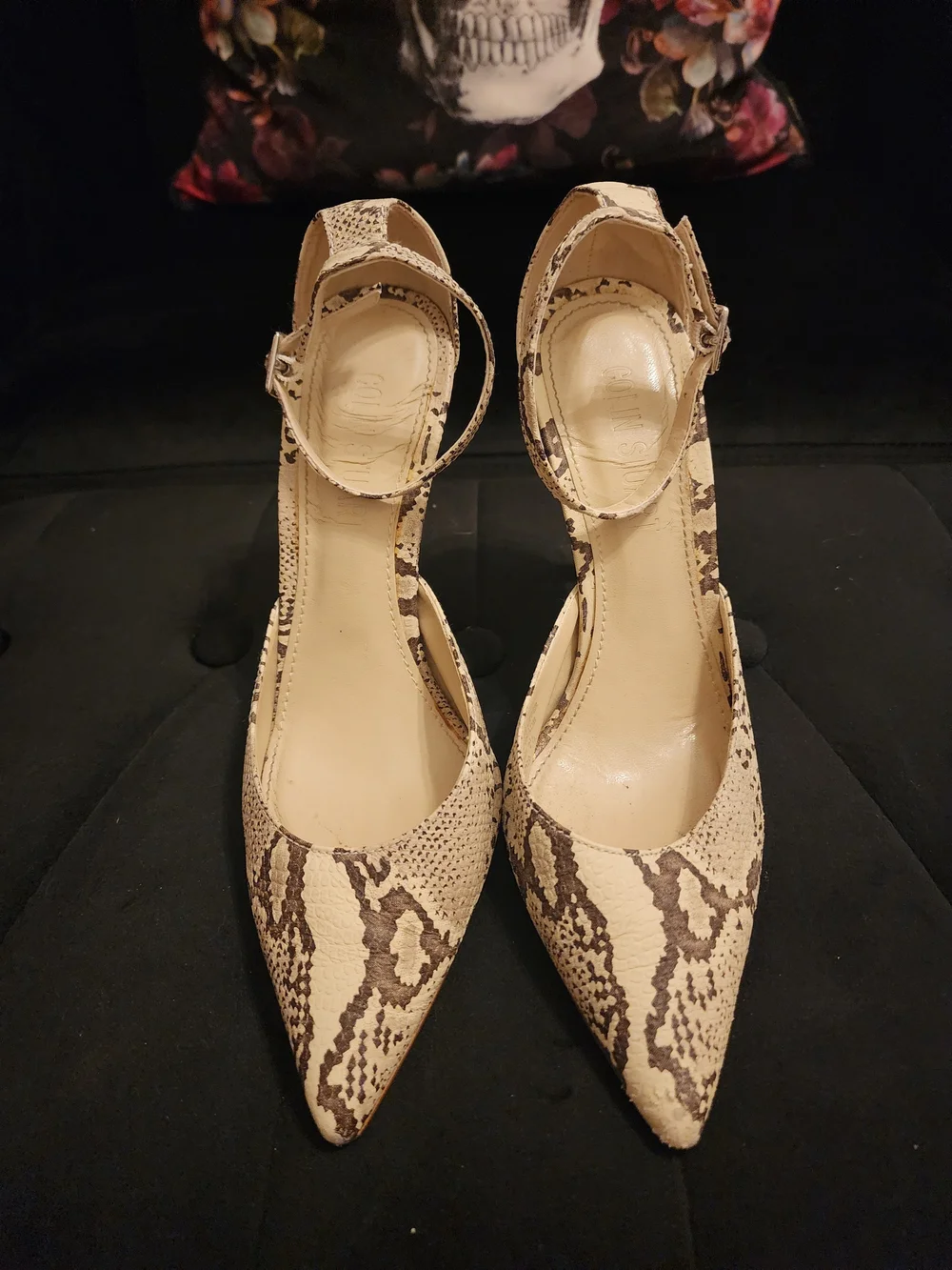 Colin Stuart Pointed Snake-Print Ankle-Strap Heels in Beige Size 7.5